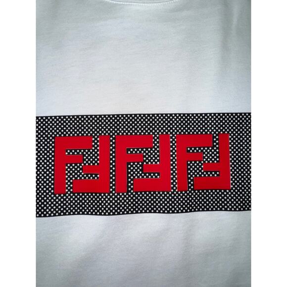 Fendi White Black Mesh Stripe Red FF Logo Short Sleeve Cotton T-Shirt Medium M - Picture 9 of 16